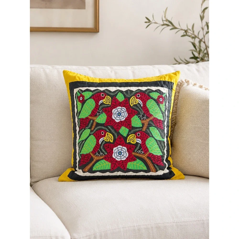 Handmade Mola Parrot Embroidery Pillow Tropical Folk Art Yellow Black 17